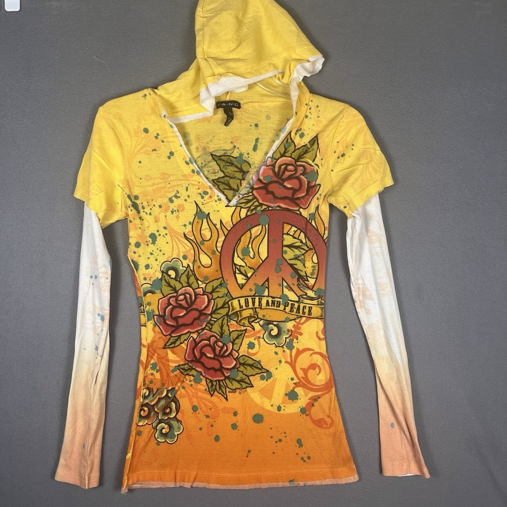 Y2K Fang Yellow Graphic Print Long Sleeve Top Size M, Love‎ & Peace Flame Ribbed